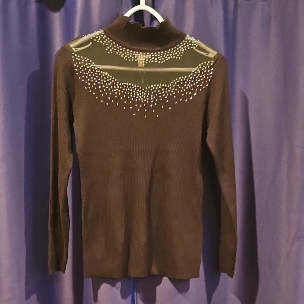 Black Turtleneck Sweater with Studded/mesh Collarbone Design